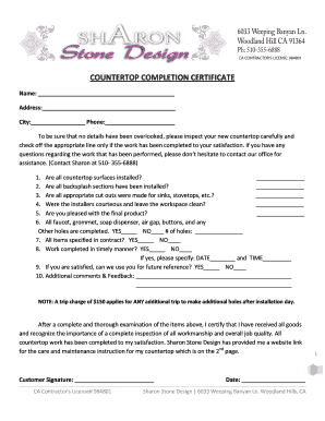 COUNTERTOP COMPLETION CERTIFICATE  Form