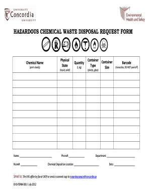 HAZARDOUS CHEMICAL WASTE DISPOSAL REQUEST FORM Ehs Concordia