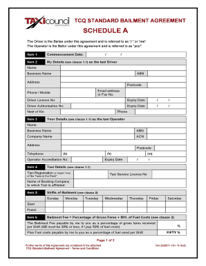 TCQ Standard Bailment Agreement Schedule a Variation Fuel  Form