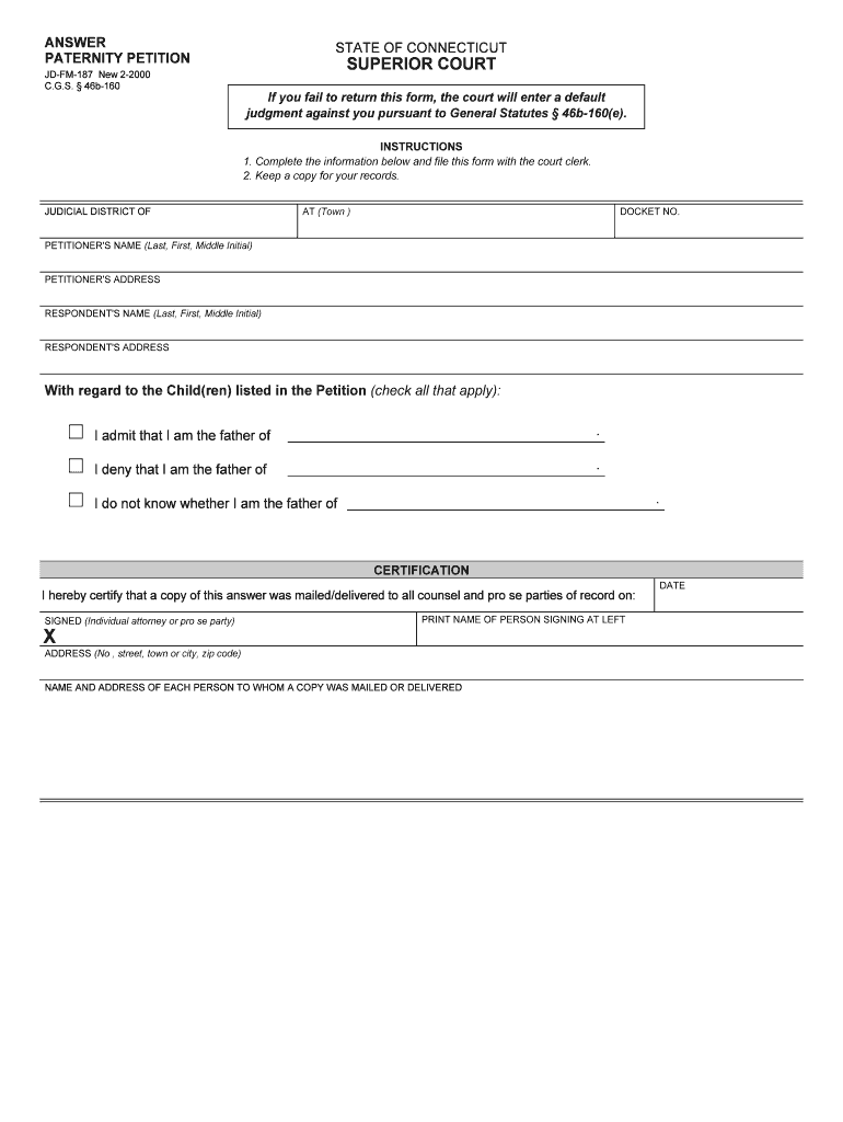 ANSWER PATERNITY PETITION Connecticut Judicial Branch Jud Ct  Form