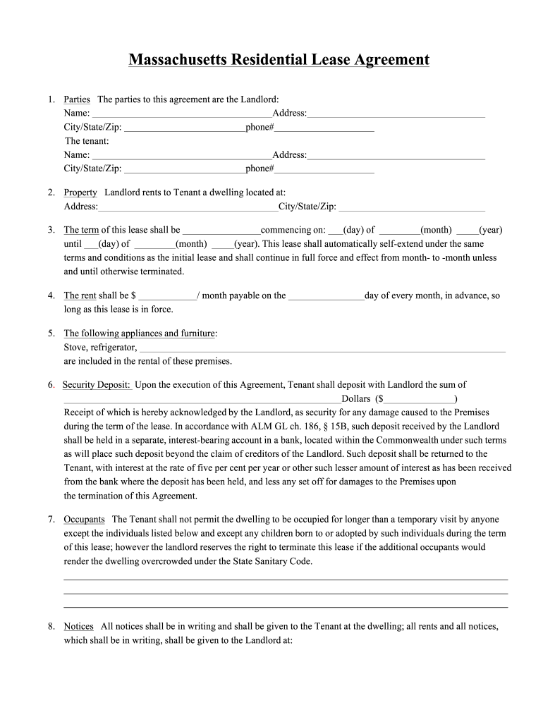 Massachusetts Residential Lease Agreement  Form