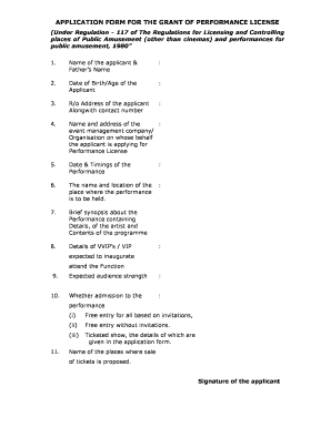 Application Form for the Grant of Performance License