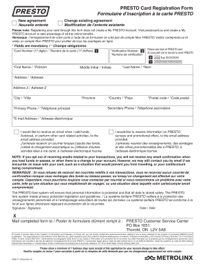 Presto Card Registration Form