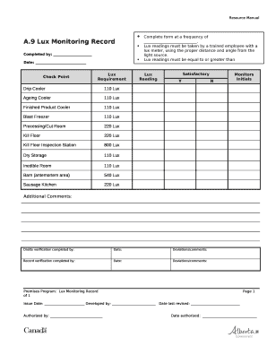 Lux Monitoring Checklist  Form