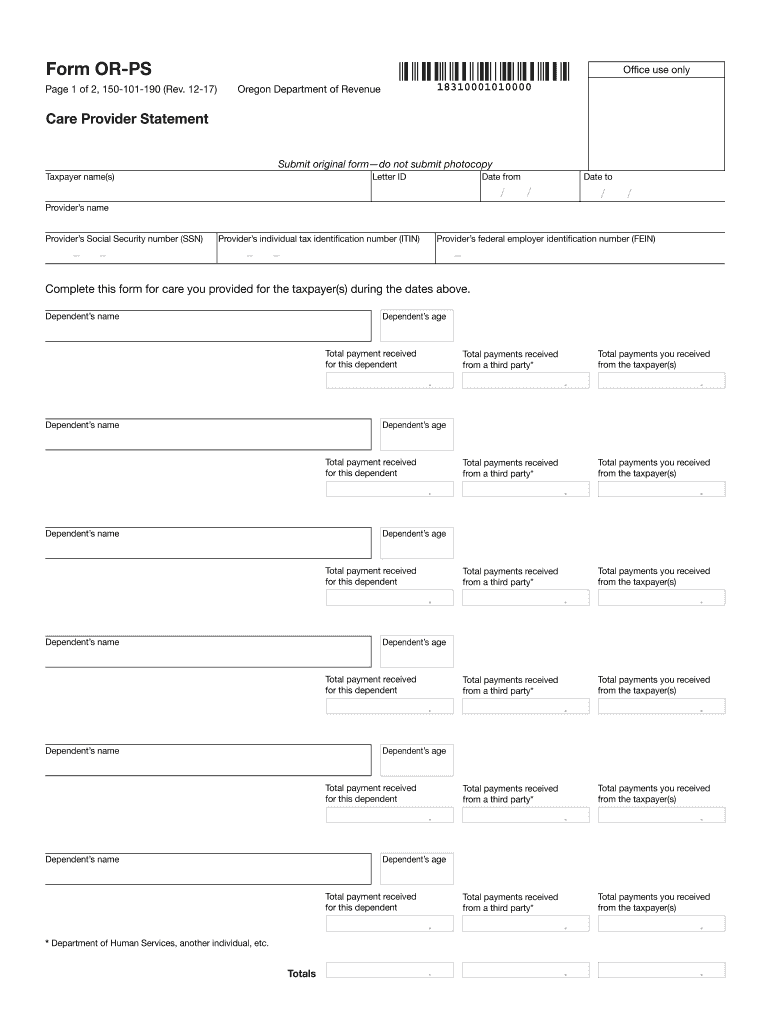  Form or PS, Care Provider Statement, 150 101 190 2017