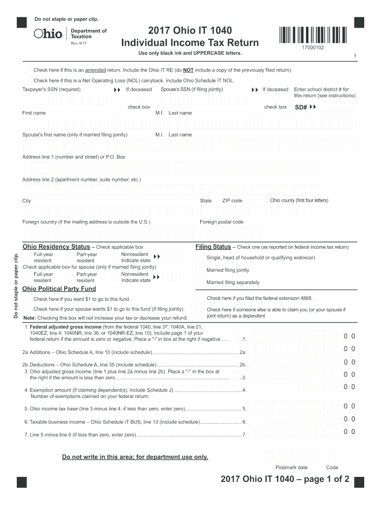 Ohio it 1040 Individual Income Tax Return  Ohio Department  Form