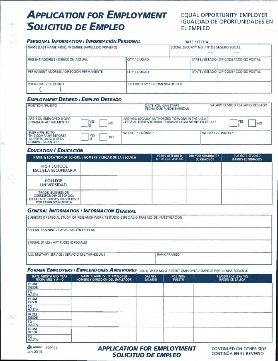 Application for Employment Solicitud De Empleo MC Janitorial LLC  Form