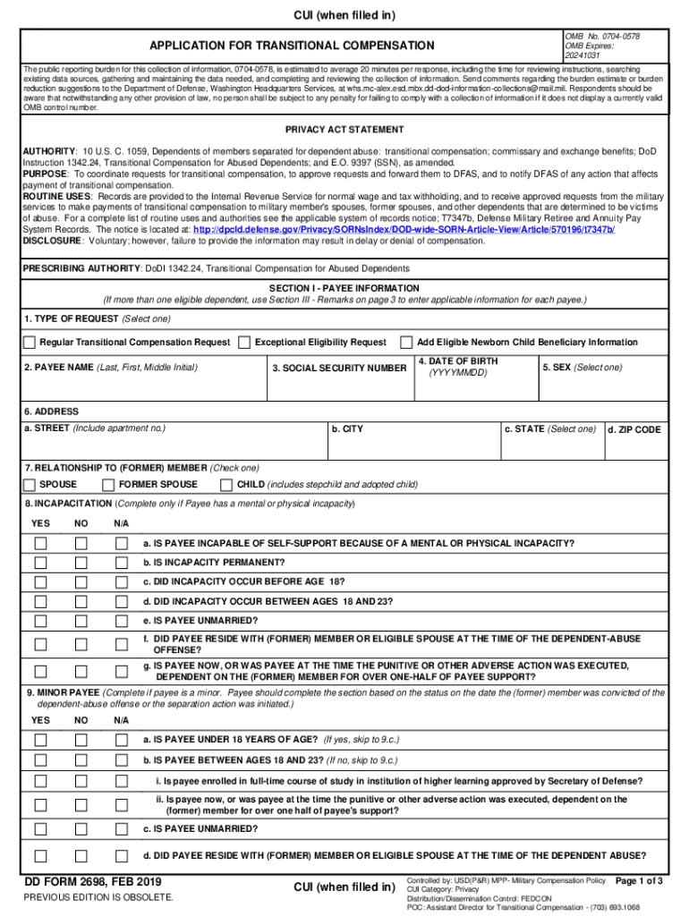  DD Form 2698, Application for Transitional Compensation, January 2019-2024