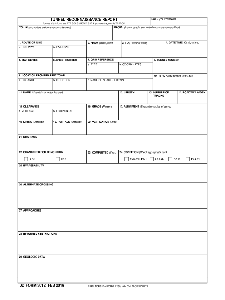 DD Form 3012, Tunnel Reconnaissance Report, February