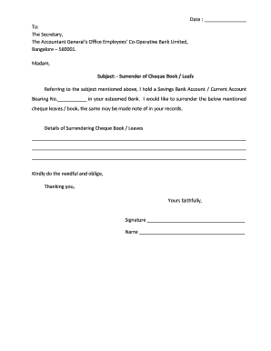 Cheque Book Surrender Letter  Form