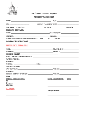 Resident Face Sheet Template  Form