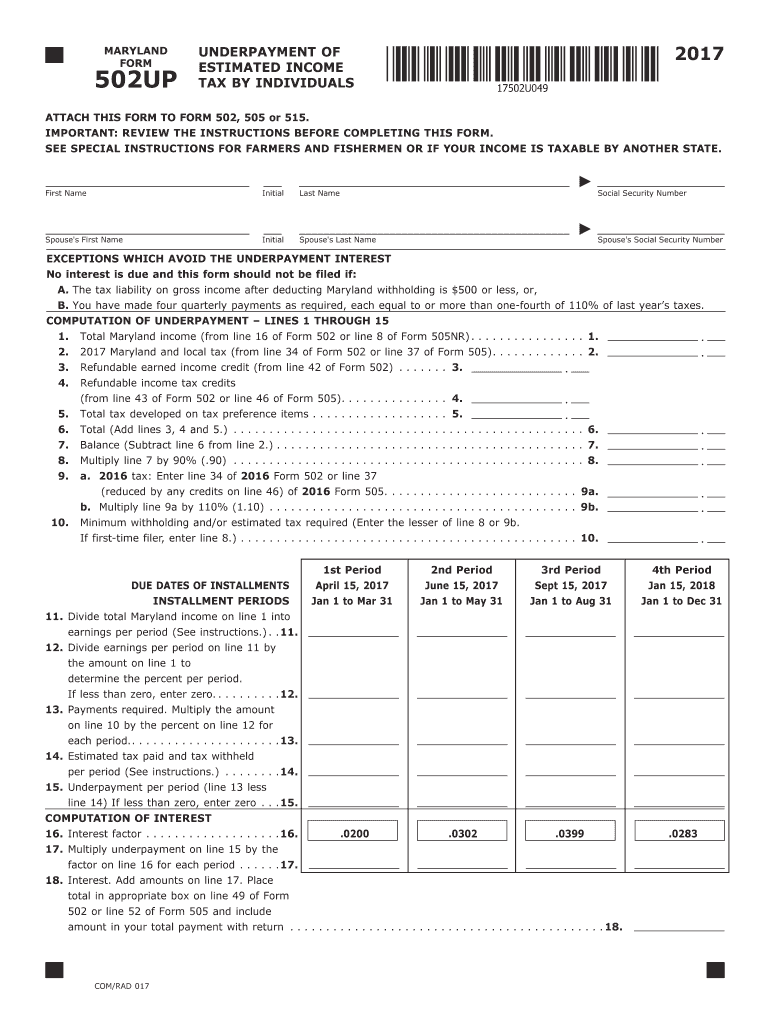  Maryland and Underpayment of Estimated Income Tax by Individuals Form 2017