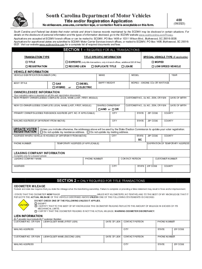  Form 400 Application for Certificate of Title and Registration for Motor Vehicle or Manufactured HomeMobile Home 2023-2024