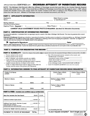  NOTE the Michigan Vital Records Office Has Affidavit of Parentage Records that Were Filed in the Central Paternity Registry 2015