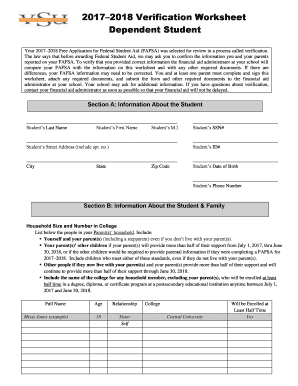  100 Fafsa Independent Verification Worksheet Verification 2017