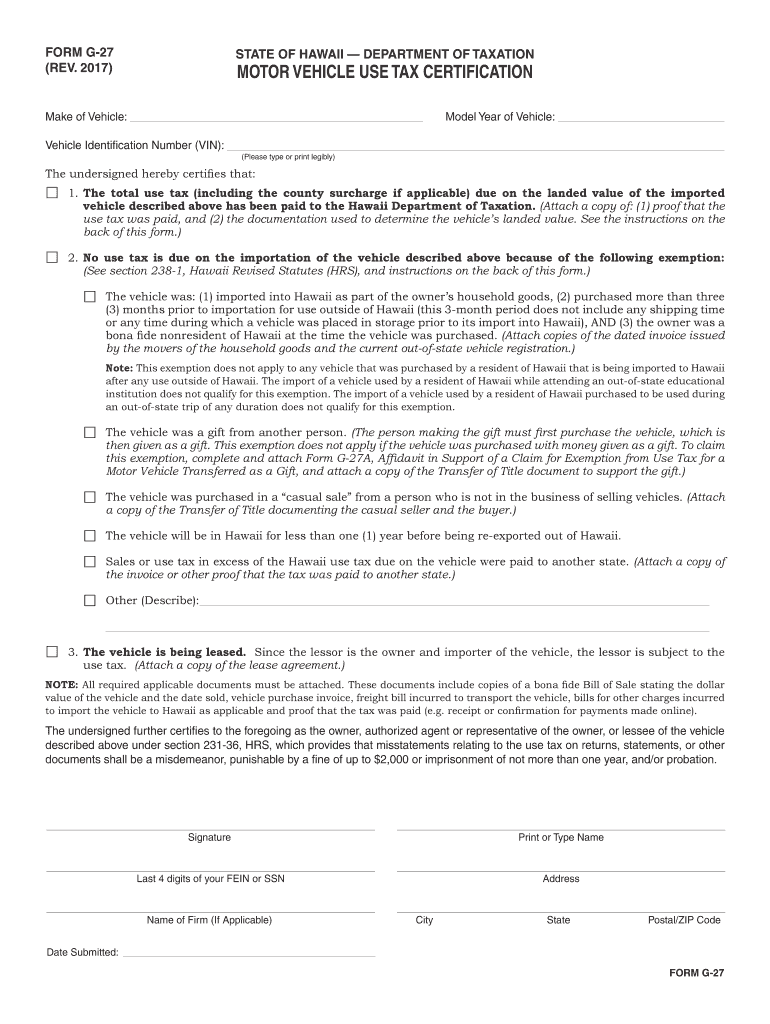  Form G 27, Rev , Motor Vehicle Use Tax    Hawaii Gov 2017