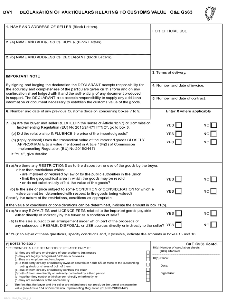 C&E G563 Declaration of Particulars Relating to Customs Value  Form