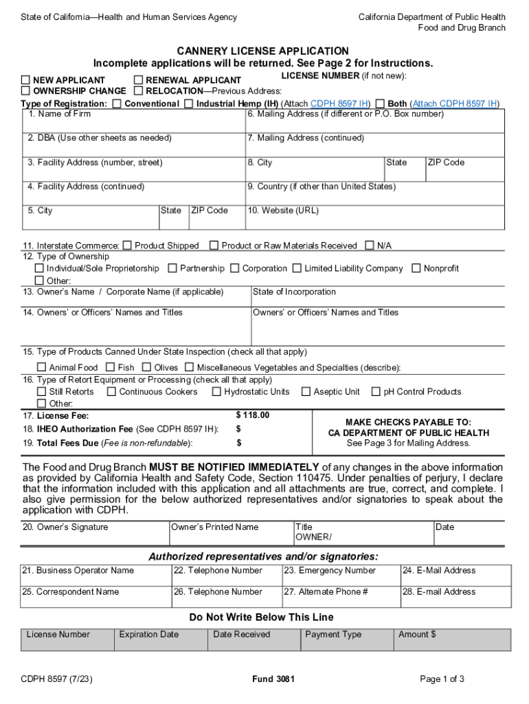 CANNERY LICENSE APPLICATION CDPH 8597  Form