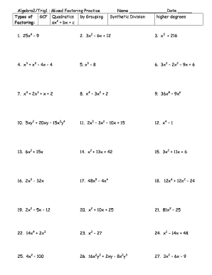 Algebra2Trig1 Mixed Factoring Practice  Form