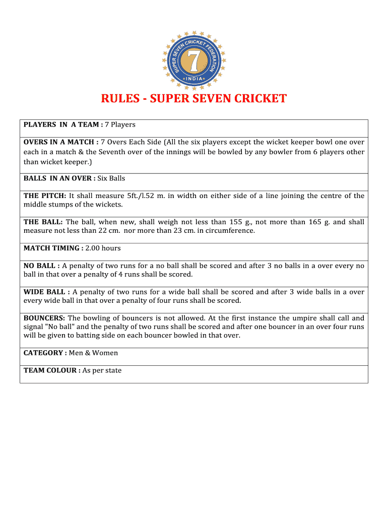 Super 7&#039;s Cricket Rules  Form