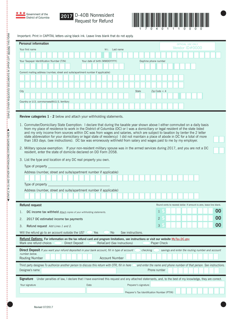  District of Columbia Tax Form D 40 2017