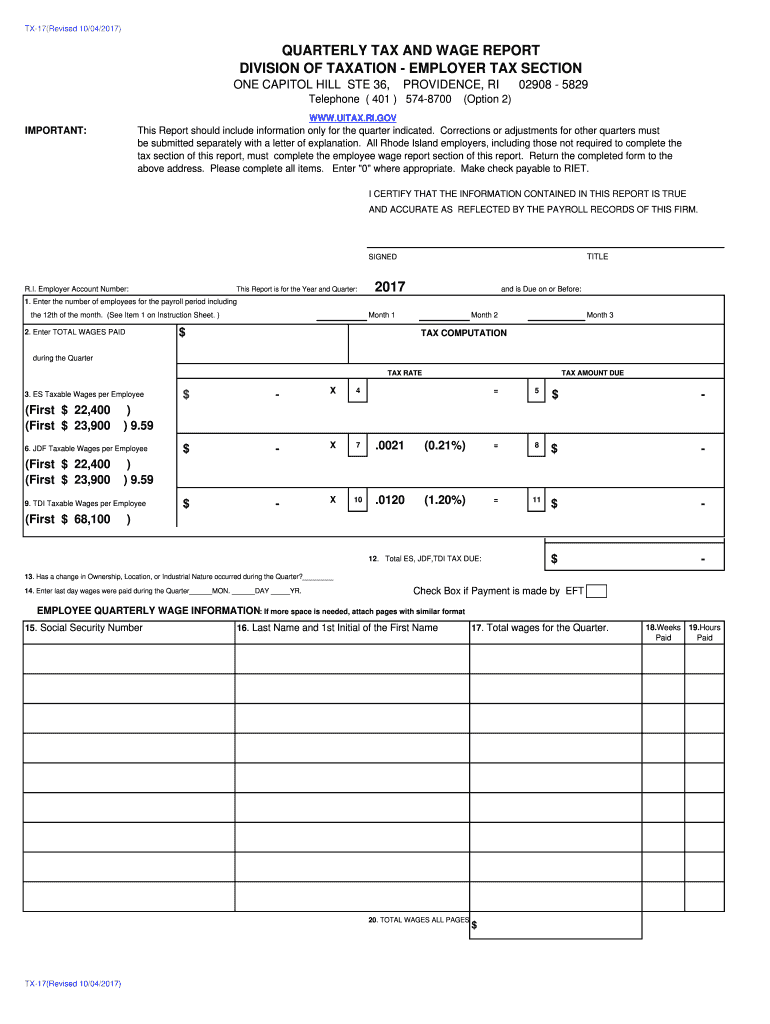  Quarterly Tax and Wage Report Division of Taxation  Rhode Island 2017