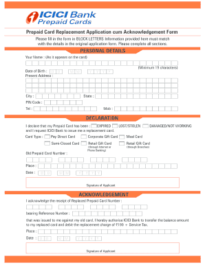 Prepaid Card Replacement Application Cum Acknowledgement Form