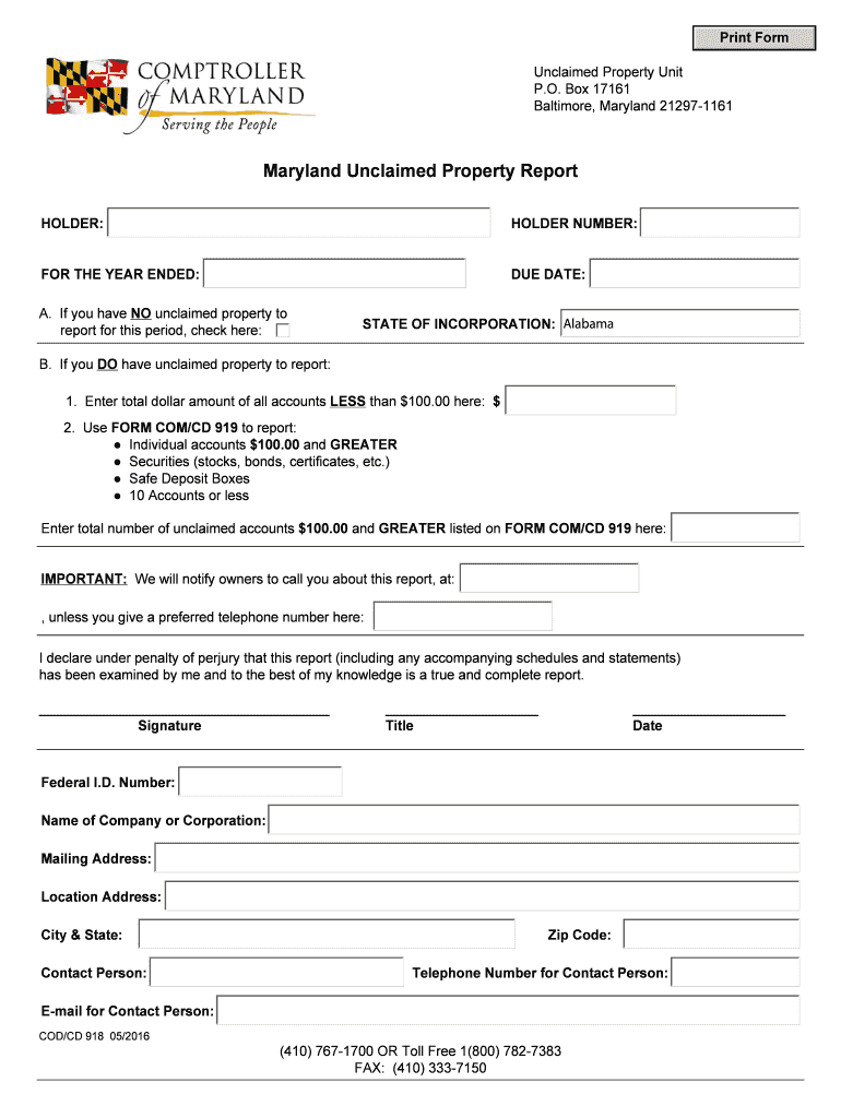 Get and Sign Maryland Unclaimed Property Report Cod Cd 918 2016-2022 Form
