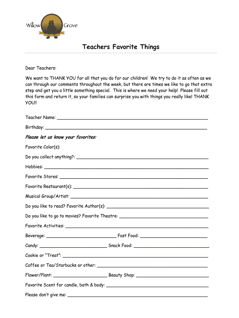 Teacher Favorite Things Form