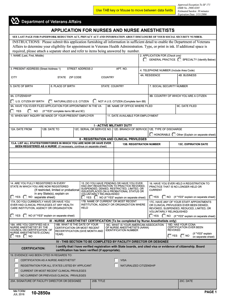  Va Form 10 2850a 2016-2024