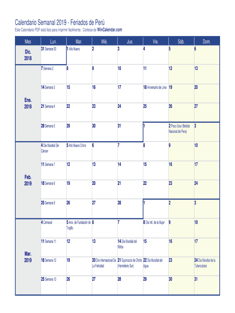 Calendario Semanal Feriados De Per  Form