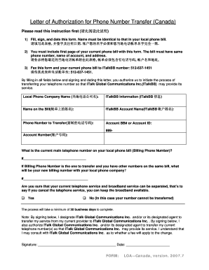 Letter of Authorization for Phone Number Transfer Canada  Form
