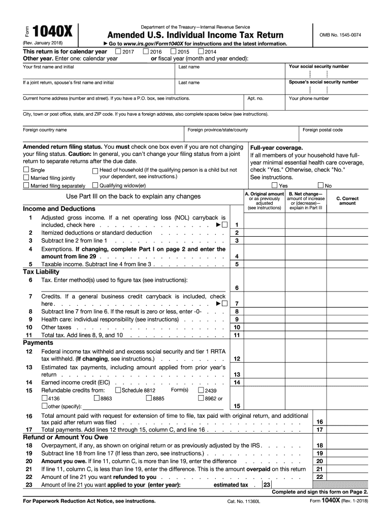1040X 2017 Fill Out And Sign Printable PDF Template SignNow