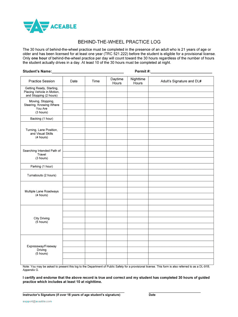 Behind the WHEEL PRACTICE LOG  Form