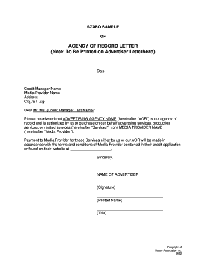 AGENCY of RECORD LETTER  Form