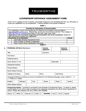 Truworths Learnership Entrance Assessment Form