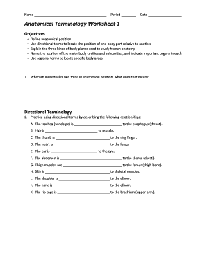 Anatomical Terminology Worksheet  Form