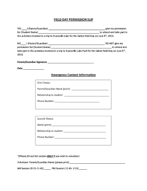 Field Day Permission Slip  Form