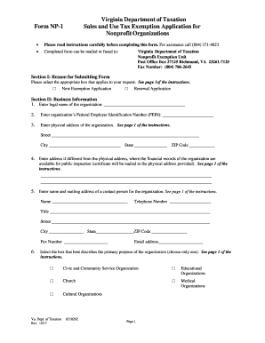  Form NP 1 Sales and Use Tax Exemption Application for Nonprofit Organizations Virginia Form NP 1 Sales and Use Tax Exemption App 2017