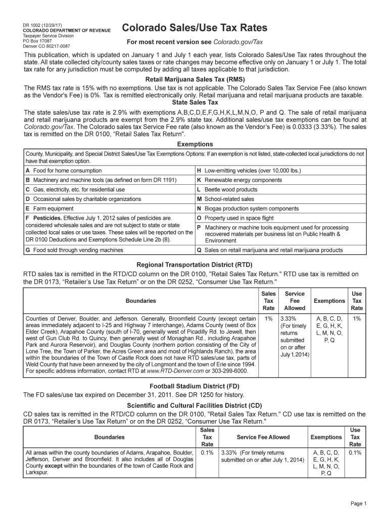  Colorado SalesUse Tax Rates DR 1002  Colorado Gov 2017