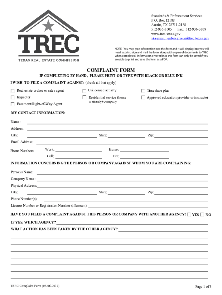  Trec Complaint Form 2017-2023