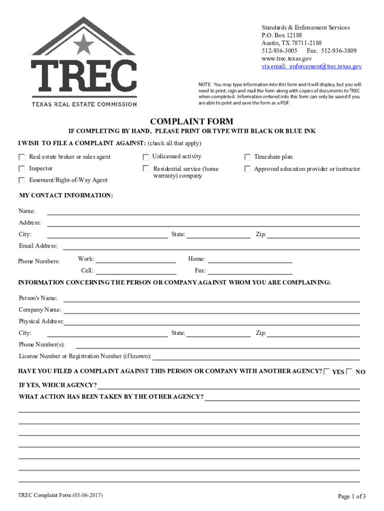  Trec Complaint Form 2017-2024