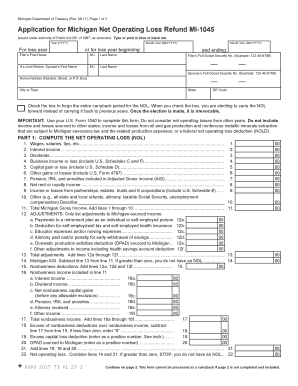 Application for Michigan Net Operating Loss Refund MI 1045 Application for Michigan Net Operating Loss Refund MI 1045  Form