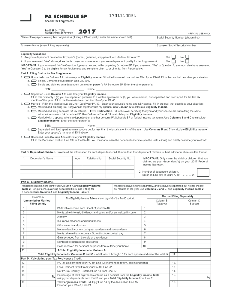  PA Schedule SP  Special Tax Forgiveness PA 40 SP FormsPublications 2017