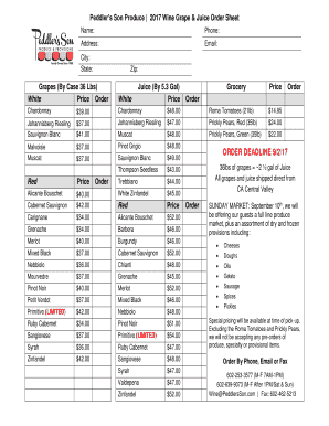 Peddlers Son Produce Wine Grape &amp; Juice Order Sheet  Form