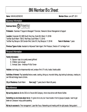 Bni Bio Sheet Examples  Form