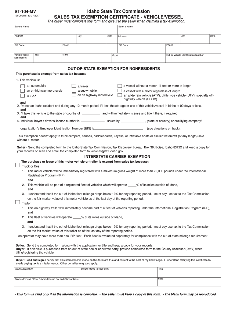  ID Sales Tax Exemption Form 2017-2024