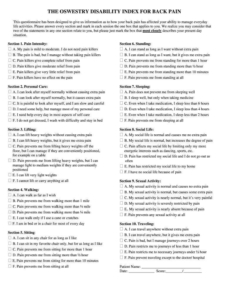 The OSWESTRY DISABILITY INDEX for BACK PAIN  Form