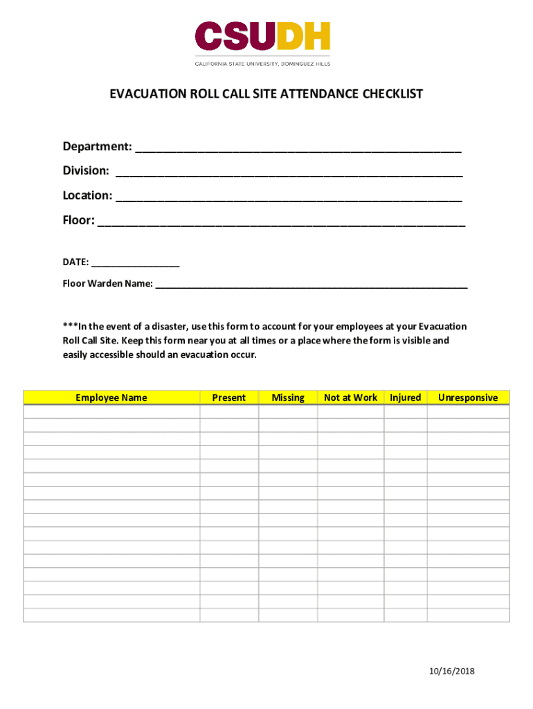 EVACUATION ROLL CALL SITE ATTENDANCE CHECKLIST Dep  Form