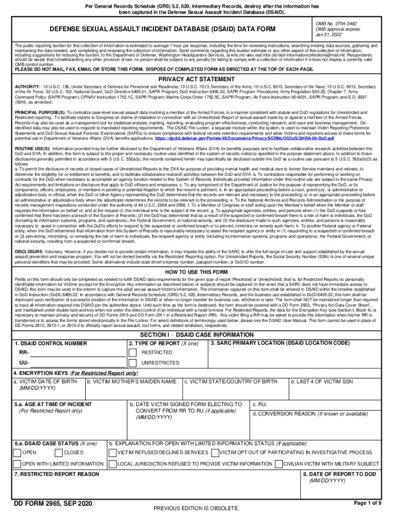 DD Form 2965, Defense Sexual Assault Incident Database DSAID Data Form, January